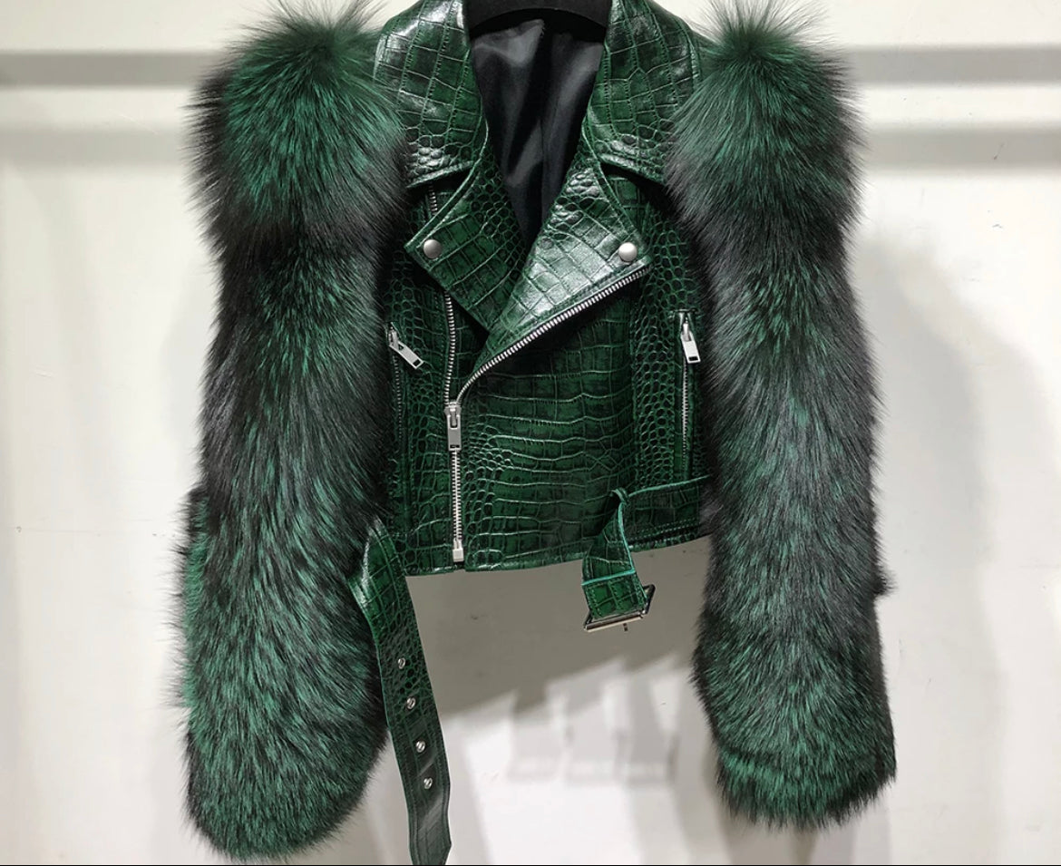 Green leather jacket deals with fur